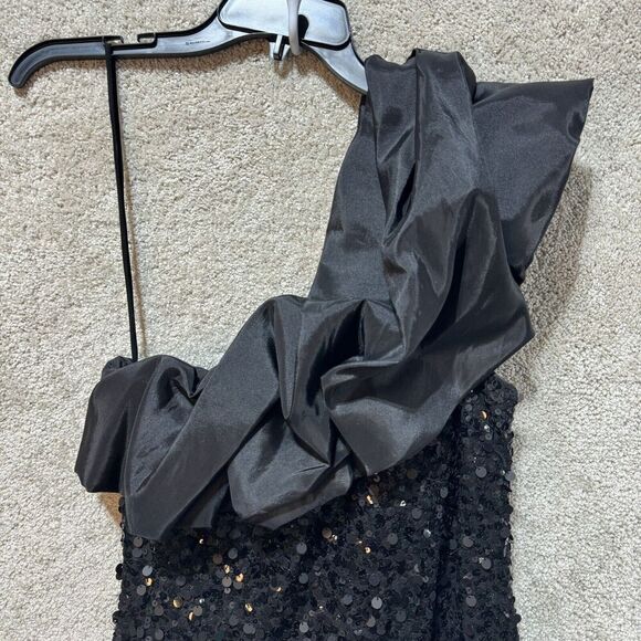 Mignon Maxi Gown Dress Women's 6 Black One Puff Shoulder Sequined Sheath Stretch - Picture 4 of 14